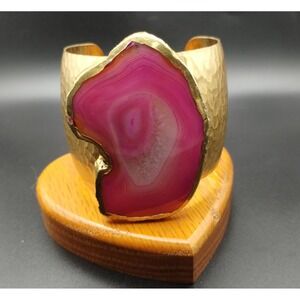 Handcrafted Hammered Goldtone Cuff Bracelet Pink Agate Geode Slice Statement